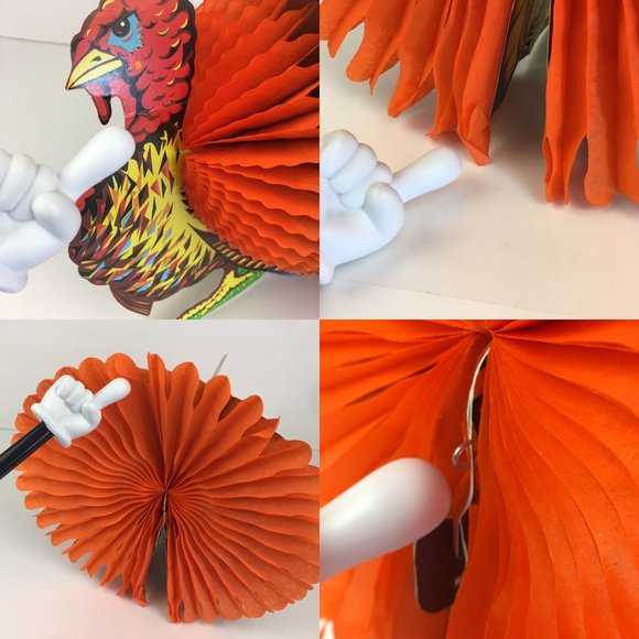 Vtg Beistle Co Paper Turkey 13 inch w Unbranded Paper Pumpkins Neon Orange READ - Picture 10 of 10